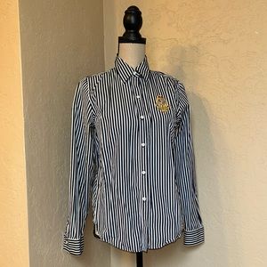 LAUREN RALPH LAUREN  Black White vertical stripe L/S button down blouse Sz PM